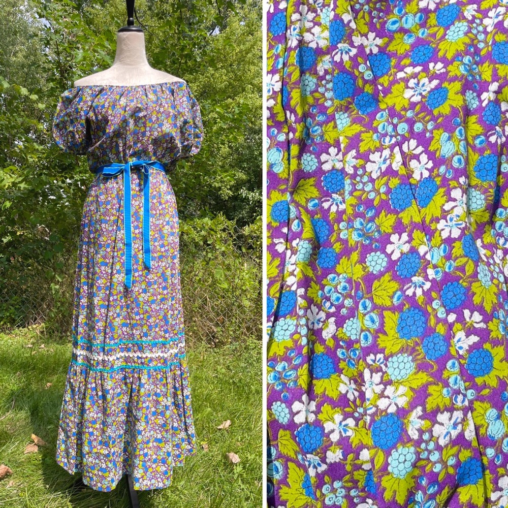 Vintage 60s 70s Cottagecore Off the Shoulder Puff Sleeve Prairie Dress Sz small
